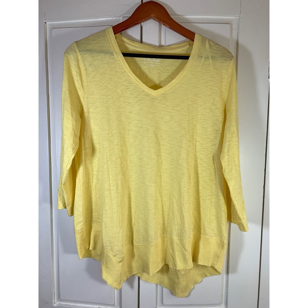 Charlie B Butter Yellow Shirt Womens Medium Pima Cotton Asymmetrical Hem Artsy